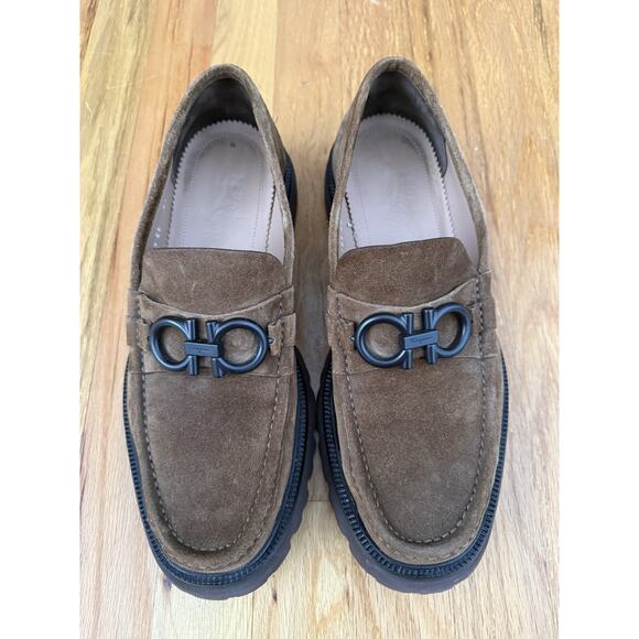 Salvatore Ferragamo Men\'s Gancini Ornament Brown Suede Moccasins Lug Sole 9.5us main image 5